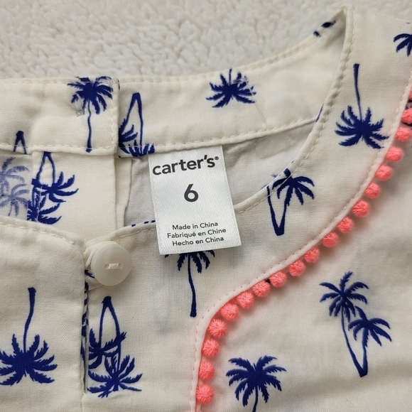 Carter's Size 6 Girls Sleeveless Top White with Blue Palm Trees Button Closure - Picture 3 of 7